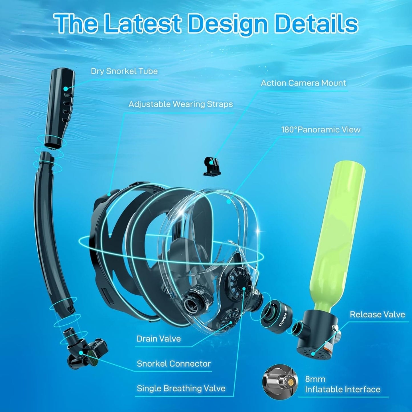 Masque de plongée intégral Hyper K2 avec mini bouteille de plongée pour la plongée en apnée et la plongée récréative sous-marine