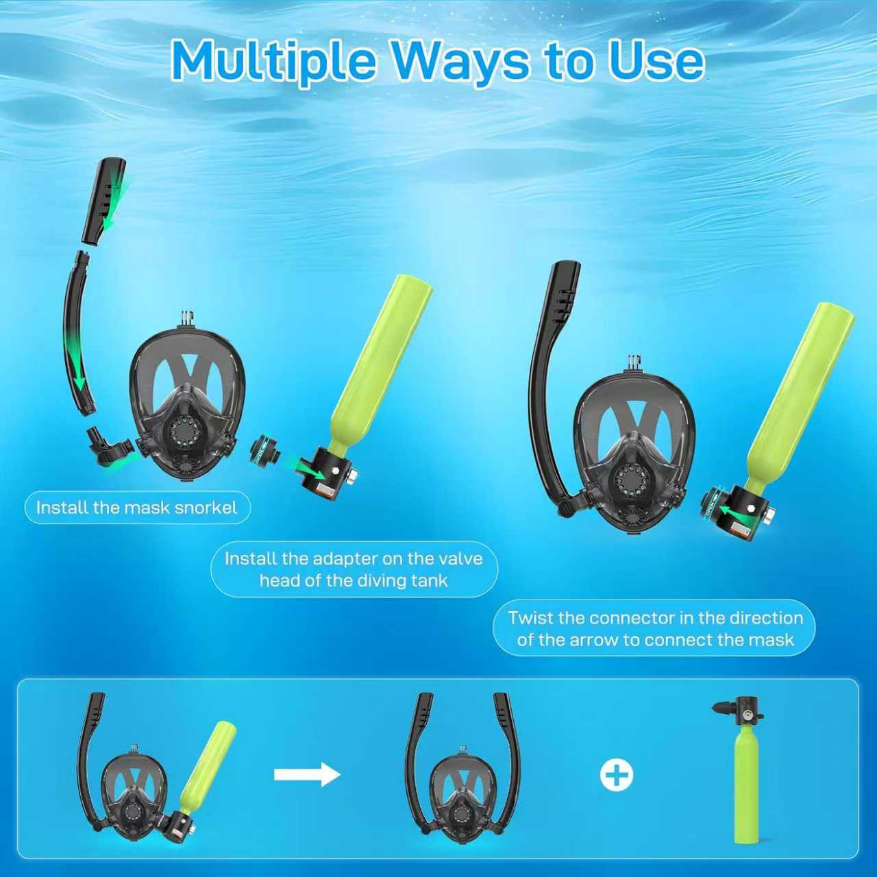 Masque de plongée intégral Hyper K2 avec mini bouteille de plongée pour la plongée en apnée et la plongée récréative sous-marine